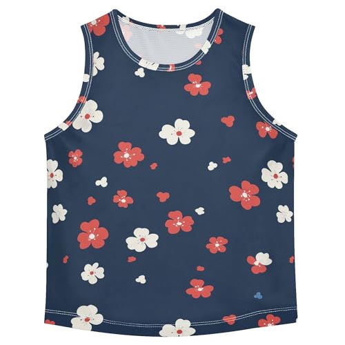 JUNZAN Retro Colorful Flowers Navy Blue Tank Tops for Children Sleeveless Kids Vest Outdoor Tshirts for Swim Beach 3T