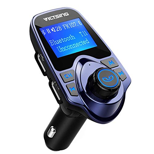 VicTsing Bluetooth FM Transmitter for Car, Wireless Bluetooth Audio Adapter Car Kit with Hand-Free Calling and 1.44” LCD Display, Music Player Support TF Card USB Flash Drive AUX Input/Out-Blue
