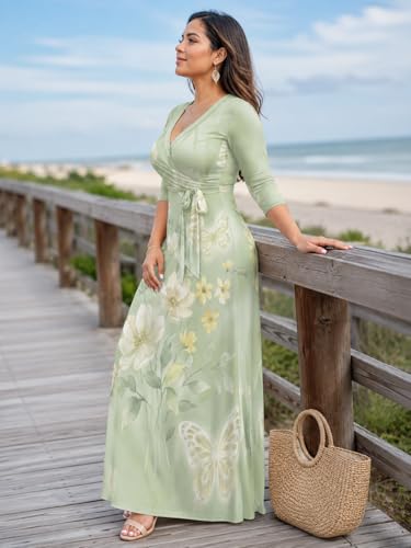 Image of SUZONANA Plus Size Dresses for Women Floral Print Maxi Dress Flowy 3 /4 Sleeve with Belt