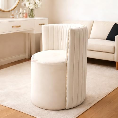 Image of Luxury Velvet Ottoman Chair Pouffe Stool-Modern Round Soft-Padded Chair for Dining Room, Living Room /Cafeteria Seating /Bedroom and Dressing Area /Ottoman with Backrest (Cream.)