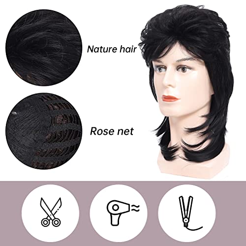Image of Men's 80s Mullet Wig Set, Vintage Mullet Rock Wig for Country Rocker Halloween Party and Cosplay (Black)