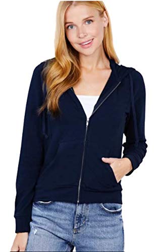 Khanomak Long Sleeve Zipper French Terry Jacket with Kangroo Pocket Navy Blue