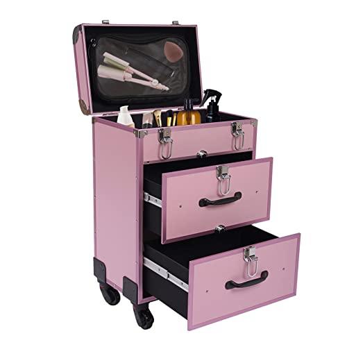 WATEBATH Professional Rolling Makeup Train Case with Drawers, Large Cosmetic Trolley with Locks, Cosmetics Storage Organizer Make up Case for Travel Makeup/Nail Art/Hair Styling, Pink