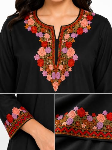 Image of HAUTEMODA Women Cotton Floral Embroidered Short Kurti, Tunic, Three-Fourth Sleeves, White