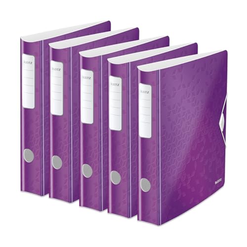 Leitz Qualitäts-Ordner 180° Active WOW, 5er Pack, A4, Schmal, Abgerundeter Rücken, 6,5 cm breit, Gummibandverschluss, Leichtes Polyfoam, Plastik-Ordner, WOW Serie, Violett, 11070062