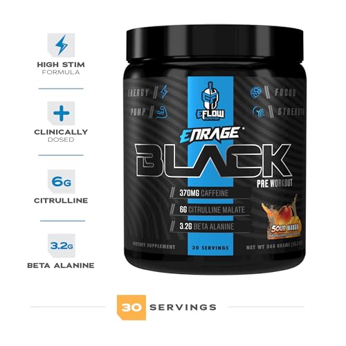 Image of eFlow Nutrition Enrage Black High Stimulant Pre Workout Supplement - Preworkout Powder to Boost Energy, Pumps and Strength - 4 Flavors (30 Servings) (Sour Mango)