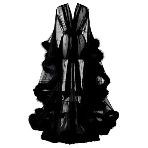 Changuan Sexy Feather Robes Long Fany Fur Tulle Maternity Robe for Photoshoot Sheer Lingerie Nightgown Bathrobe Sleepwear Wedding Scarf Black L/XL Cover