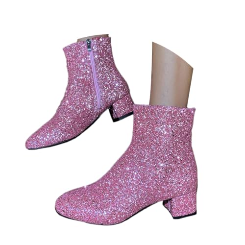 shownicer Bottines à Paillettes Femme Elegant Bout Rond Scintillantes à Talons épais Bottillons avec Fermeture éclair A Rose 39
