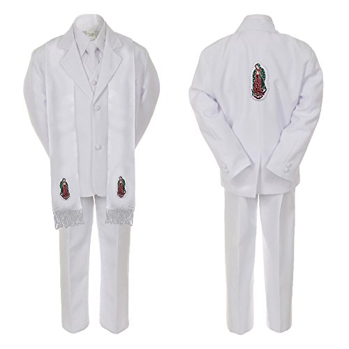 Image of Baby Boy Teen Baptism Formal White Suit Silver Guadalupe on Stole & Back SM-20