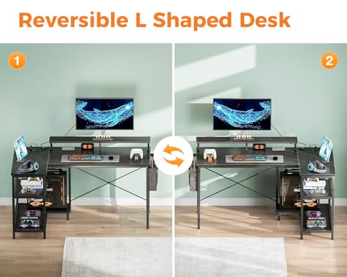 Coleshome L Shaped Gaming Desk with LED Lights, 120 × 80 cm Computer Desk with Power Outlet, Reversible Corner Gaming Table with Storage Shelves & Monitor Stand, Black - Image 9
