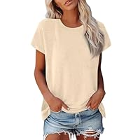 Blusas De Mujer Elegantes Manga Corta Basicas Verano Blusas Algodon Tallas Grandes Básica Ropa Mujer Verano 2025 Camisetas Cuello Redondo Vestir Elegantes T Shirts Ofertas Flash del Dia(Beige,XL)