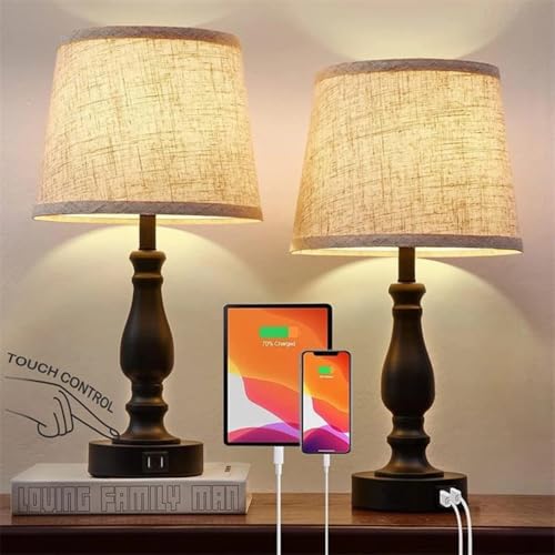 Bedside Lamps Set of 2, Touch Control Be Side Table Lamps for Bedrooms, 3 Way Dimmable Bedroom Lamps with USB A+C Charging Port, Modern Table Lamps with Linen Shade for Living Room, Home Office