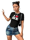 SOLY HUX Women's Letter Heart Print Short Sleeve Crop Top Y2k Graphic Tee T Shirts Black Letter M