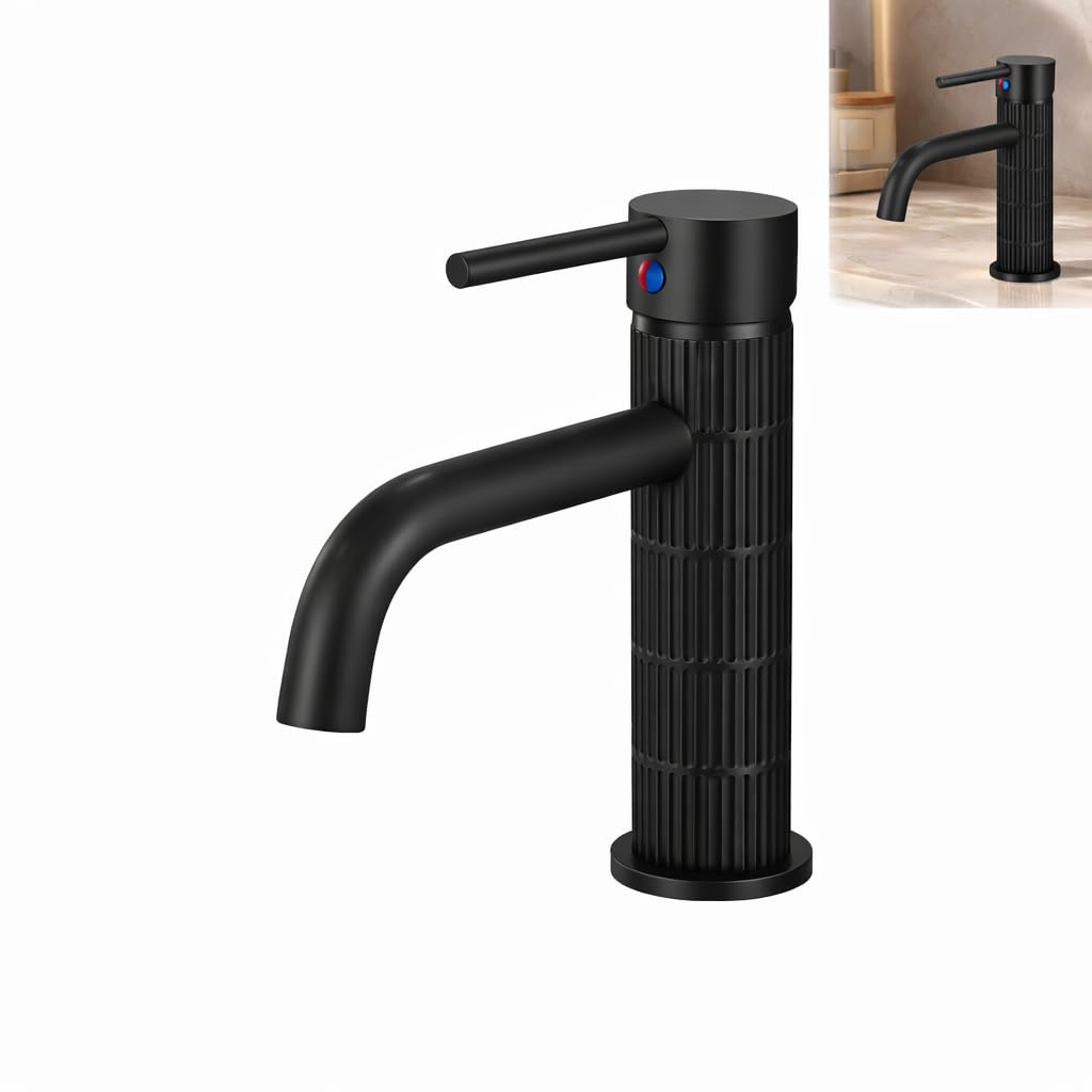 Grifo de lavabo monomando con cuerpo de latón, mezclador para baño, acabado negro mate, cartucho cerámico duradero (Negro mate, Estándar)