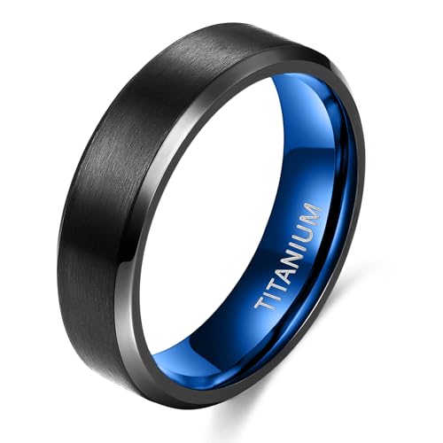 TIGRADE Titanium Rings 4MM 6MM 8MM 10MM Wedding Band in Comfort Fit Matte for Men Women Size 3-15, Black-blue 6mm, Size 9