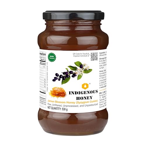 Image of INDIGENOUS HONEY Organic Jamun Honey Pure Unprocessed 17.64 Glass Jar | Raw Natural Sugar Free Monofloral Unfiltered Honey Pack of 1