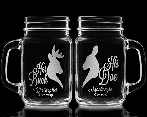 Her Buck His Doe Set Of 2 Personalized Mason Jars Rustic Custom Etched For Wedding, Engagement Anniversary Bridal Party Gift Of Favor For Newlyweds Couple Gift Idea Barn Wedding Hunting Theme #TOP1