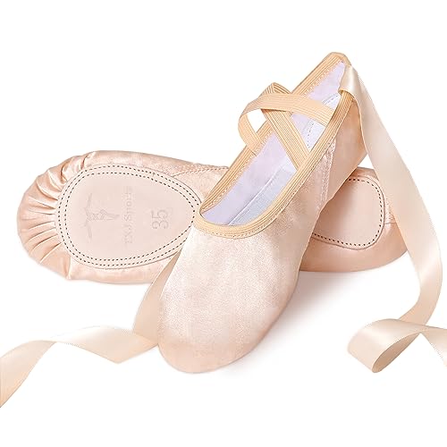 Ballet Shoes for Girls, Pink Ballet Slippers Split Sole Satin Women Dance Shoes Flats with Ribbon for Yoga Gymnastics Performance