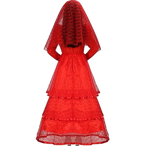 LIKUNGOU Braut Lydia Rotes Hochzeitskleid Kostüm für Frauen Halloween Gothic Spitze geschichtet Kleid mit Brautschleier Cosplay Outfit (L)