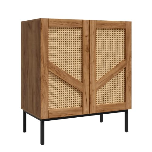 Credenza 70 cm Legno e Rattan PE, 2 porte, Ripiani regolabili