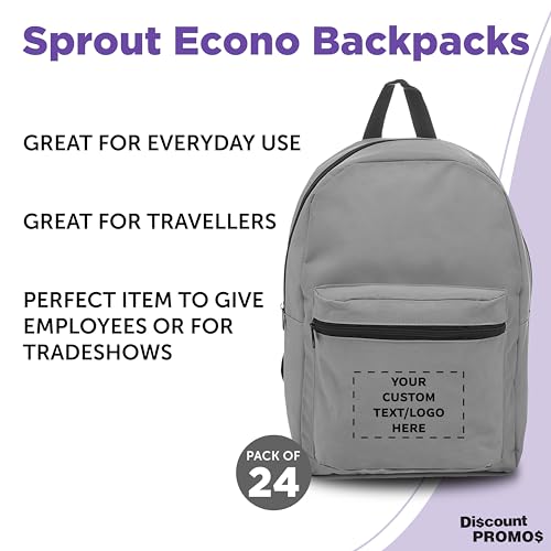 DISCOUNT PROMOS Custom Sprout Econo Backpacks Set of 24, Personalized Bulk Pack - Economical Backpack for Everyday Use, Perfect for Travellers, and More - Grey3