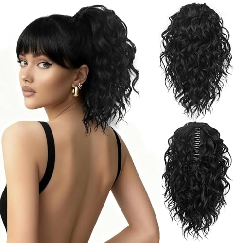 Coleta Rizada Postiza 30 cm Negra Corto Extensión de Pelo Natural Ondulado Afro con Pinza para Mujeres Postizo de Ponytail Estilo Rizado (Negra)