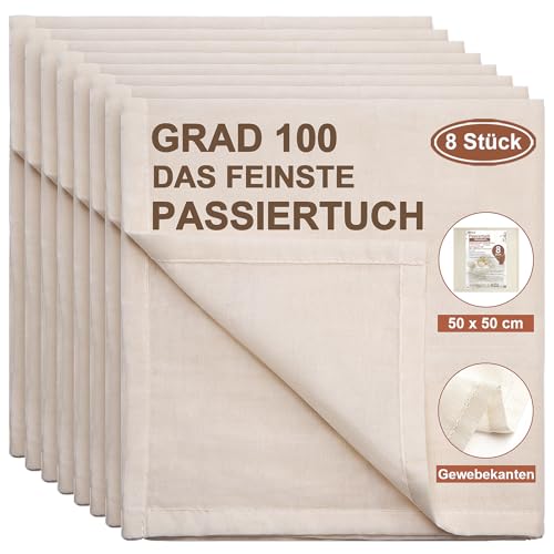 eFond 8 Piezas Telas Filtrante Reutilizable de Algodón Puro sin Blanquear 50x50cm - Colador Ultrafino Lavable para Queso, Zumos y Cocina - Grado 100 (Tela de Filtración, Cheese Cloth)