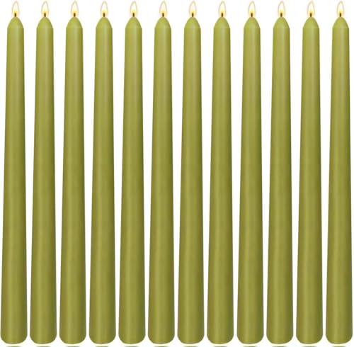 12-Pack Olive Green Taper Candles 10 Inch Unscented Dripless Candlesticks Long-Lasting Burn Time of 7-8 Hours Perfect for Christmas Home Dcor Spring and St. Patricks Day