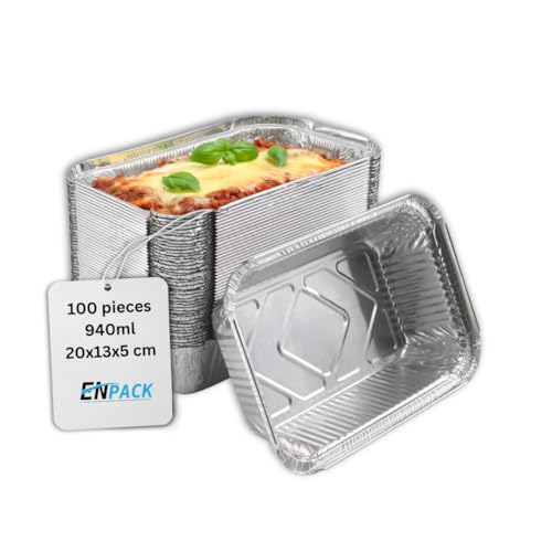 Enpack Aluschale R45-911L - 100 Stück Aluschalen mit Deckel 20x13x5 cm - Menüschale - 940 ml Füllmenge - Form für Lebensmittel - Grillschalen - Einwegverpackungen - Einmalbehälter für Pasta/Nudeln