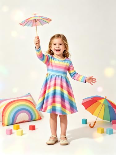 Image of Tkria Toddler Girls Rainbow Dress Striped Fall Dress Cartoon Colourful Long Sleeve Casual Dressy 2-7T