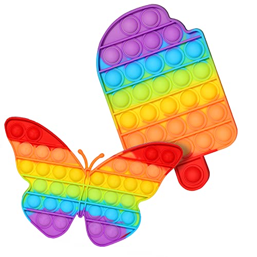 Fpxnb 2 Packs Pop Fidget Sensory Toys, Stress Relief Autism Special Needs Silicone Pressure Relieving Toys, Ice Cream and Butterfly Shape Squeeze Toys for Kids Children Adults