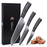 Wakoli Edis 3er Damastmesser-Set mit Klingenlängen von 8 cm bis 18 cm extrem scharf aus 67 Lagen I Scharfes Profi Küchenmesser Set aus echtem japanischen Damaststahl mit Pakkaholz Griffen & Holzbox
