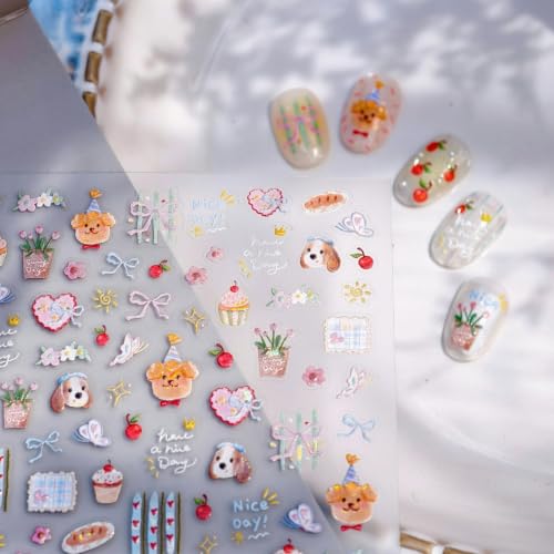 Image of Cute Nail Stickers Dog Bear Nail Art Stickers Cake Nail Decals 5D Embossed | With Flower Design Nails Charms Self Adhesive Nail Decals for Nail Art for Women Manicure Decoration Accessories 1 Sheets
