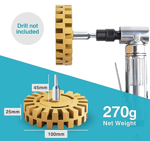 Drill setup with eraser wheel in use