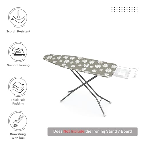 Image of Encasa XO Ironing Board Cover with 3mm Thick Felt Pad for Steam Press (Fits Standard X-Large Boards of 135x45 cm) Heat Reflective, Scorch & Stain Resistant, Printed - Daisy Grey