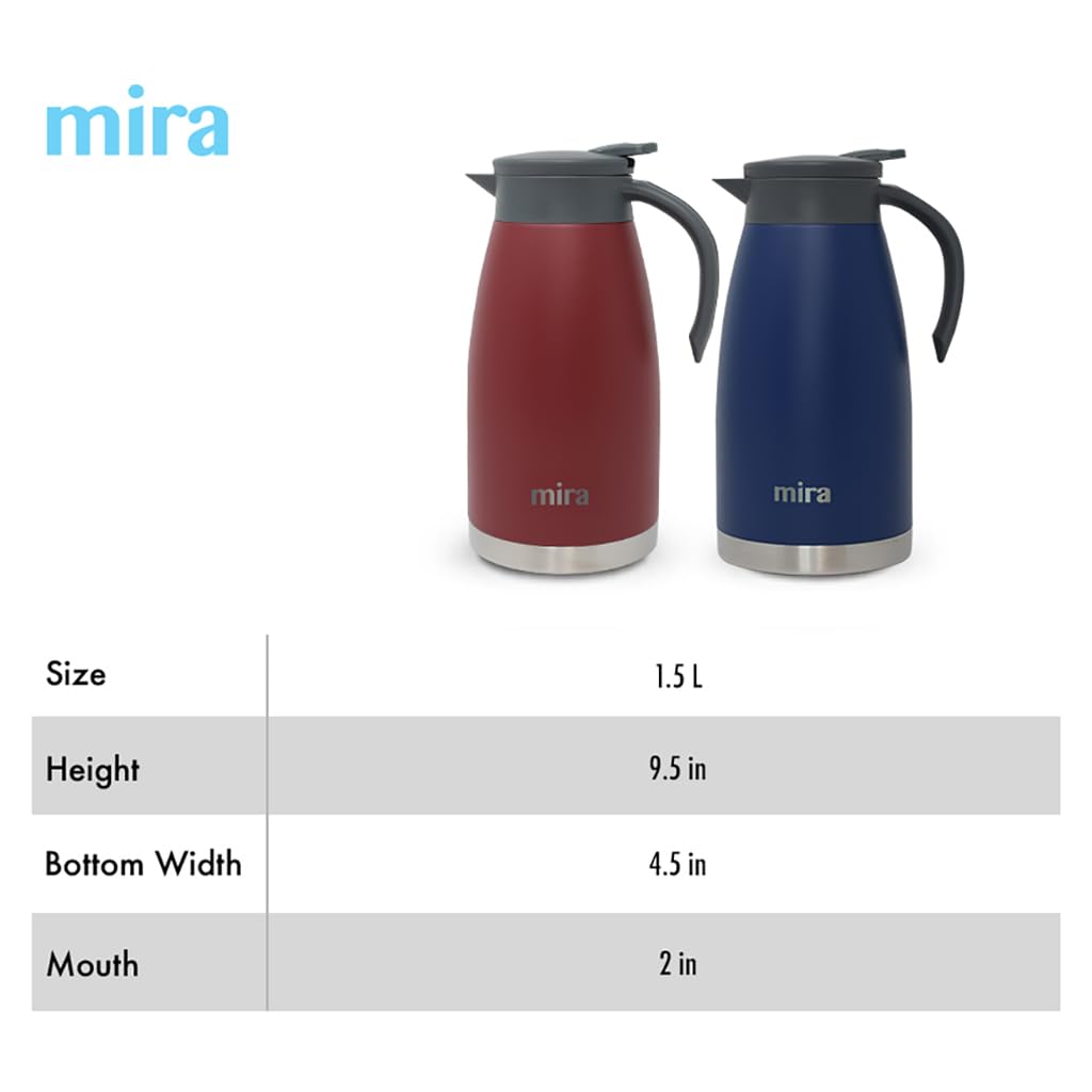 MIRA Jarra térmica de acero inoxidable, termo de café aislado de doble pared, dispensador de té, agua y café, 1,5 litros/50 onzas, color negro
