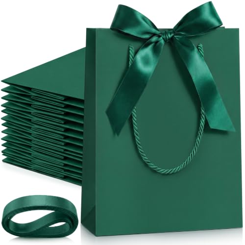 Silkfly 12 Pcs Paper Gift Bags with Handle 9x7x3.15'', Dark Green