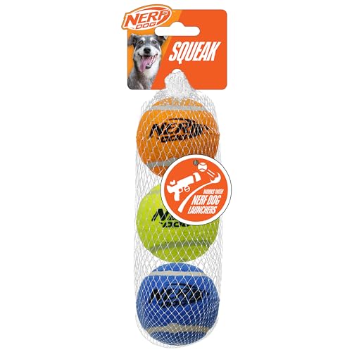 Nerf Dog Tennis Balls with Built-In Squeaker, 2.5-Inch Durable Fetch Toys for Dogs, Blue/Yellow/Orange (3-Pack)