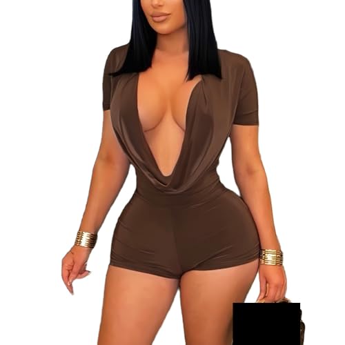 Image of Molilove Sexy Romper for Women Short Sleeve Deep V Neck Bodycon Short Jumpsuit One Piece Y2K Party Clubwear