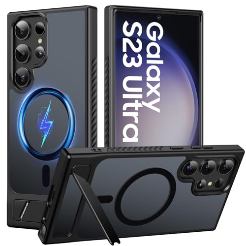 Halokin for Samsung Galaxy S23 Ultra Case Magnetic, [Compatible with MagSafe][Built-in Invisible Stand ], Military Grade Drop Protection Translucent Slim Case for Galaxy S23 Ultra 5G, Black