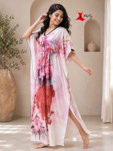 Image of Noty Women's Kaftan Nighty | Digital Print | Sarena Fabric | V Shaped Neck Nightwear | Nightdress for Girl