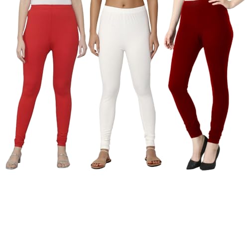 Image of Tanu Women's Cotton Leggings | Ultra-Soft, Stretchable and Comfortable | Casual Slim Fit Full Length Leggings for Women and Girls (Combo Pack of 3)