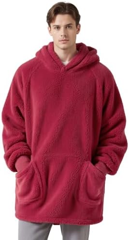 BEDSURE Hoodie Decke mit Ärmeln Geschenke Burgund - 107x90cm | Weiche, warme Kuscheldecke mit Ärmeln, tragbar mit Taschen, ideal für Couch & Winter. Geschenke für Frauen & Männer