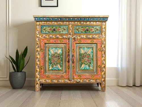 Image of APRODZ Hand-Painted Solid Wood Sideboard Cabinet with 2 Doors & 2 Drawers | Wooden Storage Cabinet for Bedroom Living Room & Kitchen | Crockery Cabinet, Kitchen Storage | Multicolor, 34x16x30 Inches