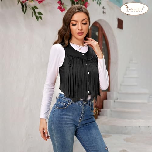 JASGOOD Tassel Vest Women 70s Suede Hippie Faux Sleeveless Fringe Jacket Western Tassel 60S Outfit4