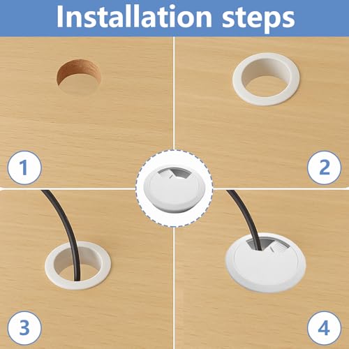 Huybaa 6 Stück Weiße Kabeldurchführung für Den Sschreibtisch, 50mm Schreibtisch Kabelabdeckung, Weiße Kunststoff Kabelabdeckung für Tische, Runde Kabel