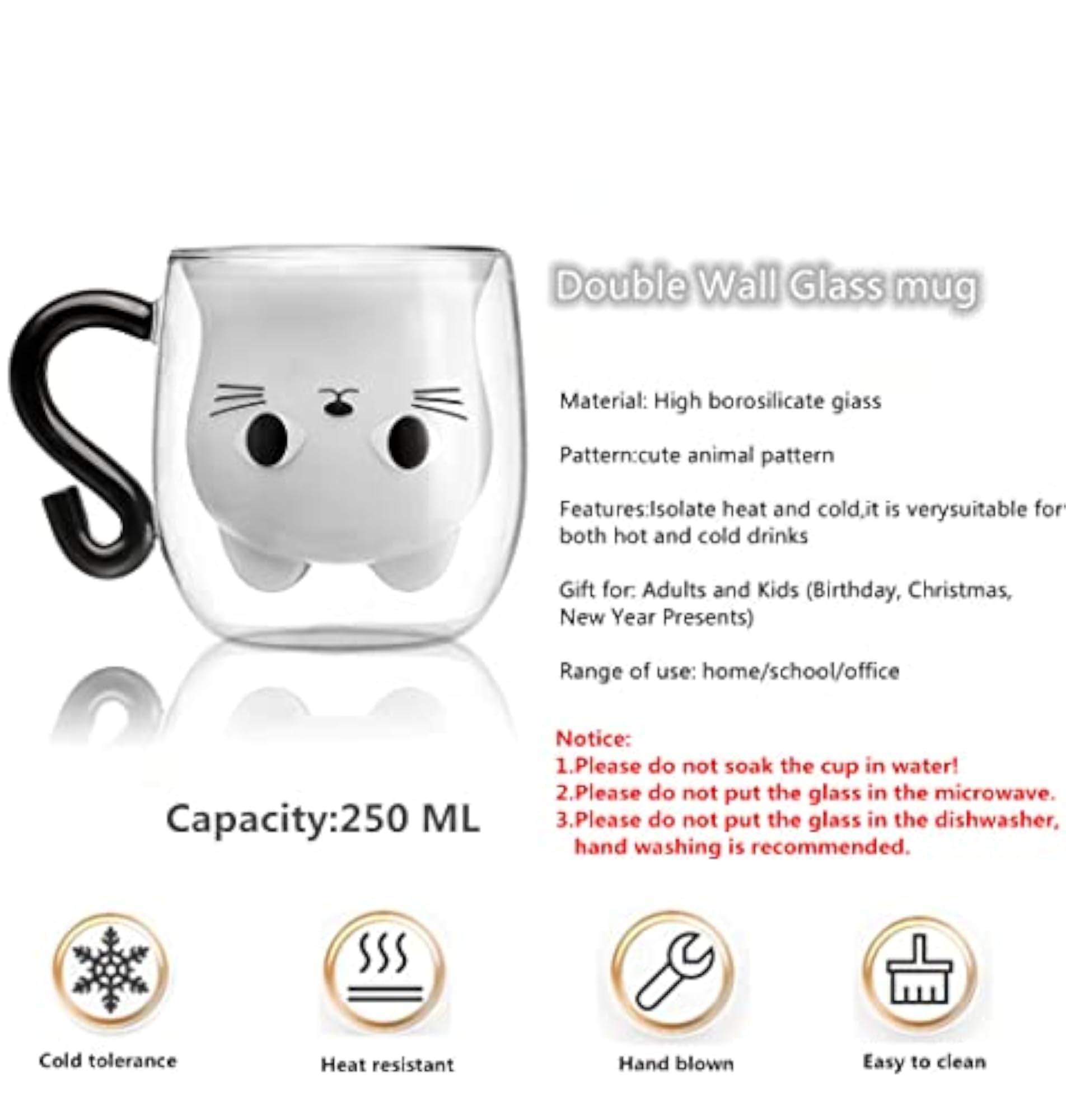 Cat Mugs, Double Wall Glass Cute Coffee Tea Cup