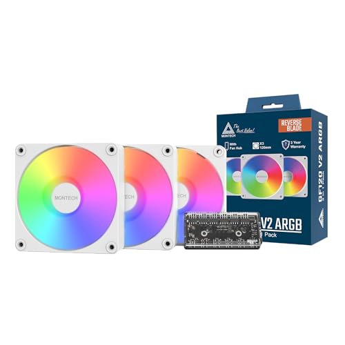 Image of MONTECH GF120R V2 ARGB 120mm Case Fan - Sleek & Minimalist Design, High Airflow, Hydraulic Bearing, Quiet Performance, Vibrant ARGB Lighting, Reverse Blade, 3 in 1 Pack with 6X6 Fan Hub, White