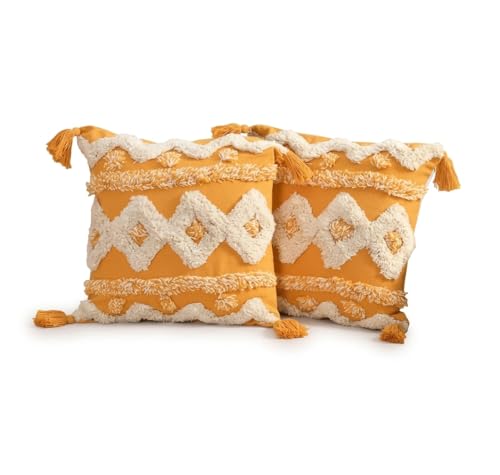 Image of Cushion Cover Pack of 4 (16x16 Inches) | Cotton Textured Decorative Throw Pillow Case for Sofa Bed Living Room Tufted Cushion Cover with Tassels (Yellow)