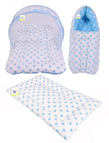 Image of Toddylon Baby Bed New Born Baby Bedding Set Combo | Carry Bag | Mattress | Mosquito Net | Carry Bag | Infants Gaddi Set (0-6 Months) Blue (3PCS Set)